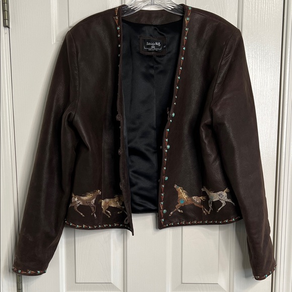 Patricia Wolf brown leather horses jacket turquoise stone details women’s large - Picture 3 of 12